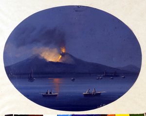 カターニア沖の海上から見たエトナ山の夜の噴火の様子。19世紀の匿名の絵画。 作： Unknown artist