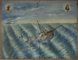 Ex-voto (ex voto) sailor、海の危険から生き延びた水兵の献身と感謝の誓いとして人気のある捧げ物は、ナポリ近郊のTorre del Grecoにあるカルミネ教会から来ている、1894年3月29日 イタリア 作： Unknown artist