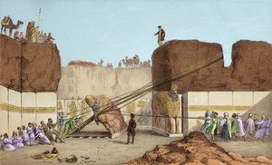 ニネベ(Nineveh)の発掘-アンリ・レイヤード(Henri Layard)によるニムルド(Nimroud)の遺跡(19世紀のメソポタミア旅行の後)、大雄牛の翼の交換-オースティン・ヘンリー卿の発掘の際、ニムルドから翼のある雄牛が出荷されたこと。