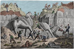 フランス領事ポール・エミール（Paul Emile）・ボッタがニネベで行った発掘調査で、モスルの北にあるアッシリアの旧首都ホルサバド（Khunsabad）の跡地。イラク。19世紀のエングレーヴィング。