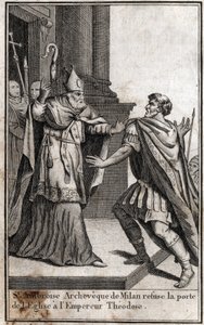 破門：ミラノの聖アンブローズ（Aurelius Ambrosius, Ambrogio di Milano (340-397)）のアーチは、ローマ皇帝テオドシウス1世（Flavius Theodosius (347-395)）が390年のテッサロニキの大虐殺を行ったことを罰するために、教会の扉を拒否しています。のエングレーヴィング