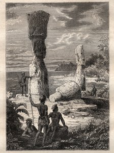 ジャン・フランソワ・ガロプ・ド・ラ・ペルーズ（1741-1788）の世界一周遠征（1785-1788）：モアイ像を見るイースター島の先住民 - 図版は "The Great Mariners of 18th century "より引用