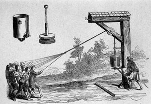 1654年、ドイツの科学者オットー・フォン・ゲリッケが大気圧を計算するために、アウアーベルク王子の立会いのもとで行った空気の真空に関する実験 図版は、Ottonis de Guericke:Experimenta Nova Magdeburgica de vacuo spatio "より引用。 作： Unknown artist
