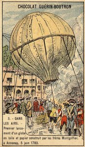 1783年6月5日、モンゴルフィエ兄弟がアノネで行った体験。19世紀後半のクロモ。 作： Unknown artist