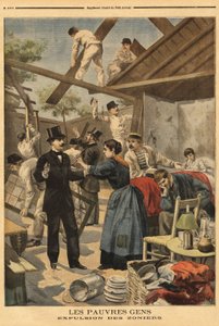 ジェンティイ門の軍事地帯に設置されたバラックの追放と要素。1895年6月23日、「Le petit journal」に掲載されたイラスト。 作： Unknown artist