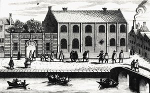 1575年にGuillaume de Nassauによって設立されたライデン大学の建物の外観図。"Illustrium Hollandiae, etc, Ordinum, Alma academia Leydensis "の後に描かれた版画。 作： Unknown artist