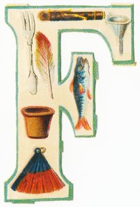 F：フォーク、フルート、じょうご、植木鉢、羽、魚、扇風機（カラーリト）
