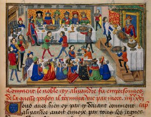 アレクサンダー王の晩年に、王と廷臣たちに振る舞われた饗宴の食事風景。カリステネス（Kallisthenes）の「La Vraye Histoire du Bon Roy Alixandre」から引用されたミニチュア（紀元前360〜328年頃）。