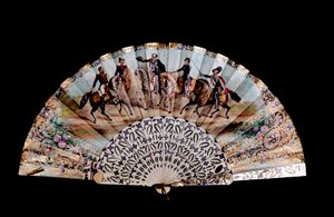 フェンスには5人の騎手が描かれています。「フランス皇帝ナポレオン3世（1808-1873）（1番左）、国王ヴィットリオ・エマヌエーレ2世（ヴィクトル・エマヌエル）（1820-1878）（3番目）、ジュゼッペ・ガリバルディ（1807-1882）（1番右）」ミラノ、リソルジメント博物館（Museo del Risorgimento 作： Unknown artist