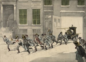 消防士が火災現場で緊急通報を出発する様子、1895年の水彩画。アメリカ 作： Unknown artist