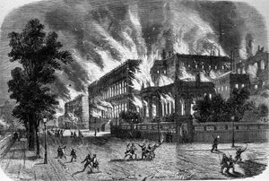 パリ・コミューンの最中の1871年3月23日、監査院とレジオン・ドヌールの火災。19世紀のエングレーヴィング。 作： Unknown artist