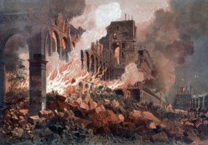 1871年5月24日の大蔵省（当時はチュイルリー）の火災 - リトグラフ、19世紀後半 作： Unknown artist