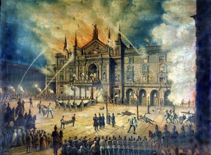 1881年のウィーン・オペラ座Wiener Ringtheaterの火災。19世紀のドローイング 作： Unknown artist