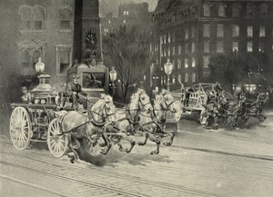 馬に引かれた消防車が火災現場に到着する様子。アメリカ1895 作： Unknown artist