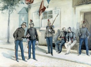 1870年、バラックの前に立つ消防士たち 作： Unknown artist