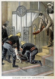パリのビルでエレベーターに衝突した男性を救出する消防士たち。1899年の "Little Journal "のイラスト。 作： Unknown artist