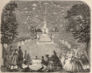 農業委員会の競技会の夜に行われたメゾン・ラフィット（ハウス・ラフィット）の城の花火とイルミネーション。1857年の「Le Monde illustrious」に掲載されたエングレーヴィング。個人蔵。 作： Unknown artist