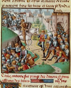第一回十字軍。"The Conquete of Antioch" 1098年6月、アンティオキアの城壁の下で、ボヘモンの十字軍とペルシャのスルタンの将軍であるカルブーカの軍との間で行われた戦い。ミニチュアは、「歴史の記憶」（Speculum Historiale）（ms. 作： Unknown artist