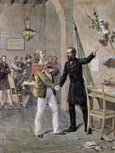 1833年にマルセイユで行われたジュゼッペ・ガリバルディとジュゼッペ・マッツィーニの初対面の様子（エングレービング 作： Unknown artist