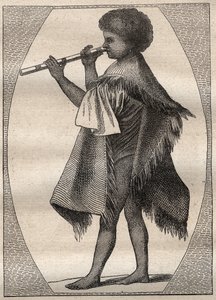 キャプテン・ジェームズ・クック（1728-1779）による第一次航海（1768-1771）。タヒチアンフルート奏者（イラストは "The Great Mariners of the 18th century "より引用 作： Unknown artist