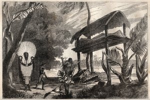 キャプテン・ジェームズ・クック（1728-1779）の第一回目の航海（1768-1771）：タヒチの埋葬建造物「フィア・トカ」-イラストは "The Great Mariners of 18th century "より引用。 作： Unknown artist