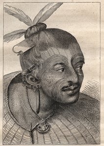 キャプテン・ジェームズ・クック（1728-1779）の第一回目の航海（1768-1771）：ネオ・ゼランディス（Neo Zelandais）の刺青された頭部 - イラストは "The Great Mariners of 18th century "より引用 作： Unknown artist