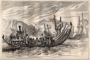 キャプテン・ジェームズ・クック（1728-1779）の第一回目の航海（1768-1771）：オパリーに集結したタヒチ艦隊 - 図版は "The Great Mariners of 18 century "より引用。