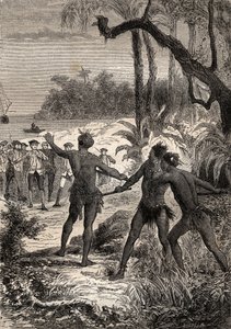 キャプテン・ジェームズ・クック（1728-1779）の第一回目の航海（1768-1771）：クックと10人の船員がニューギニアの子午線方向の海岸を航行中、3人のインディアンが大きな叫び声を上げて森の中から立ち上がった-イラストは "The Great Mariners of 18th century "より引用 作： Unknown artist