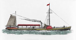 アメリカ人技師ロバート・フルトン（1765-1815）による蒸気船「クレモント」のアメリカ・ハドソン川での初航海 作： Unknown artist