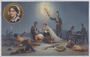 クリミア戦争中、戦場で傷つき死にゆく人々を助けるフローレンス・ナイチンゲール 作： Unknown artist