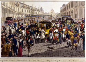 フォンテーヌブローではナポレオン・ボナパルトのエルバ島への出発。20/04/1814.19世紀のエングレーヴィング。 作： Unknown artist