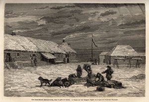 ノートン湾にある、当時のイギリス領のサン・ミシェル要塞（サン・ミシェル）。フレデリック・フォンパーによるイギリス領コロンビア、バンクーバー島、アラスカでの航海と冒険を説明するためのエングレーヴィング 作： Unknown artist