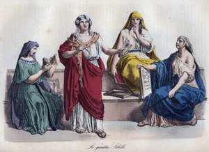 4人のローマ人のシビル - Four Roman sibylls - engraving from "Uses and customs of All Peoples of the Universe".あるいは、最も遠い時代から現代に至るまでの、すべての国の政府、法律、民兵、宗教の歴史」1856年 作： Unknown artist