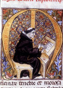 Fra Pietro di Pavia（Frere Pierre de Pavia）、仕事中の写字生（「M」）。 14世紀の写本。 作： Unknown artist