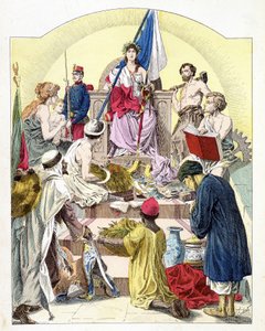 擬人化された植民地に囲まれたマリアンヌの特徴を持つフランス（E. Grobet著「Histoire de France」、1915年頃）。