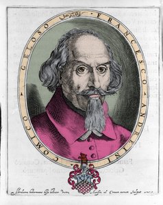 フランチェスコ・アンドレーニ（1548年頃～1624年） イタリアのコメディア・デラルテの俳優・劇作家。1624年、ヴェネツィアの「スパヴェント大尉の髪型」に掲載された版画