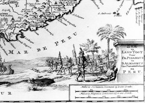 フランシスコ・ピサロ（フランソワ・ピサロ）がペルーの地図に描かれている。17世紀には 作： Unknown artist
