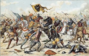 英仏戦争（1202年～1214年）：1214年7月27日、フィリップ・オーギュストのフランス軍とオトン4世のフランドルとウェルフの間で行われたBouvinesの戦い。フランス軍の勝利は戦争の結果を決定的なものにした。19世紀。パリ、アルミー美術館 作： Unknown artist