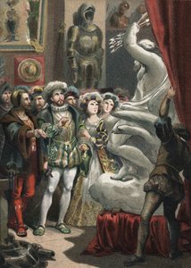 フランス王フランソワ1世(1494-1547)、イタリアの彫刻家ベンヴェヌート・チェッリーニ(1500-1571)のところで 1881年のエングレーヴィング(Juan Justo Huguet, Molinas Hermanos editoresの "El Culto de la Hermosura") 作： Unknown artist