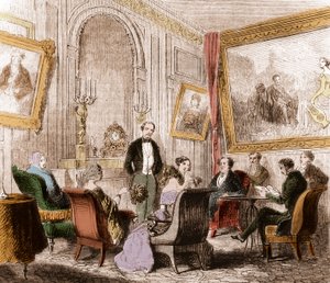 フランソワ・ルネ・ド・シャトーブリアン（1768-1848）（フランスの作家・政治家）がパリのセーブル通りにあるアビー・オ・ボワのレカミエ夫人の居間で「墓外の記憶」を読んでいる様子 - エングレーヴィング 作： Unknown artist