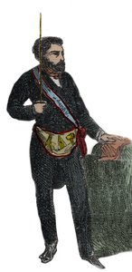 フリーメイソン - マスターに昇格する際のフリーメイソンの衣装 - Franc Maconnerie:エプロン（Outfit de franc macon） ピエール・ザッコーネ（1817-1895）の「Histoire des societes secretes, politiques et religieuses」に掲載された1879年のエングレーヴィング。 作： Unknown artist