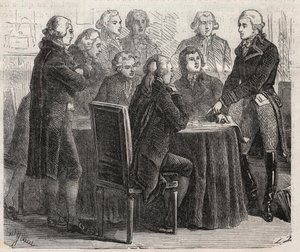 フランス革命。ルイ・マリー・ド・ナルボンヌ＝ララ伯爵（ナルボンヌ＝ララ）（1755-1813）が議会の委員会で計画を示している様子 - Engraving In "The Illustrous World" 作： Unknown artist