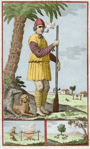 サント・ドミンゴ（ハイチ）から来たフランス人のブキャナン。Alexandre Olivier Exquemelin (1645-1710)の「Histoire des Aventurers Flibustiers et Boucaniers Signales Dans Les Indes」に掲載された版画。