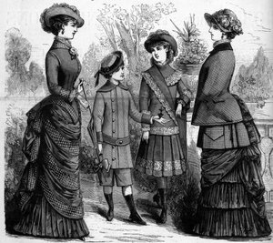 19世紀のフランスのフェミニン＆チャイルドファッション。1882年の広告。1882年3月11日付「The Illustrous World」1302号に掲載されたエングレーヴィング。 作： Unknown artist