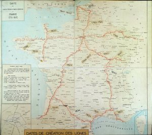 空中電信線が描かれたフランスの地理的地図。19世紀初頭のものです。パリ、郵便博物館（Musee de la Poste 作： Unknown artist