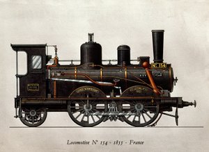 フランスの列車。1855年の機関車Numero 154。エングレービング。パリ、装飾美術