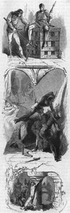 上から下へ。鉄の檻に入れられたアランコン公爵（1481年）、妻の目の下を殴るアルマニャック伯爵（1473年）、ヌムール公爵の拷問（1477年）。19世紀のエングレーヴィング。 作： Unknown artist