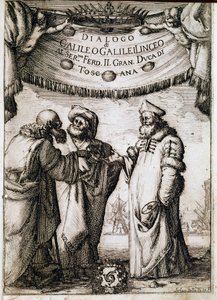 1620年頃、教皇ウルバン8世が天文学者・物理学者のガリレオ・ガリレイ（1564-1642）に依頼し、1632年に出版された「世界の二つの偉大なシステムに関する対話」（dialogo sopra i due massimi sistemi del mondo）の正面図。それは 作： Unknown artist