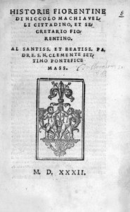 Historie Fiorentine di Niccolo (di Bernardo dei) Machiavelli (Nicolas Machiavelli) "の扉。 作： Unknown artist