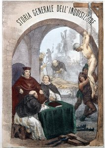 Pietro Tamburini著「The General History of the Inquisition」の表紙には、異端審問を象徴する場面を描いたイラストが描かれています。1850年のミラノ。 作： Unknown artist